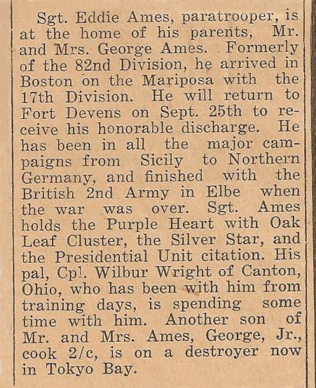 Ed Ames returns home in 1945.